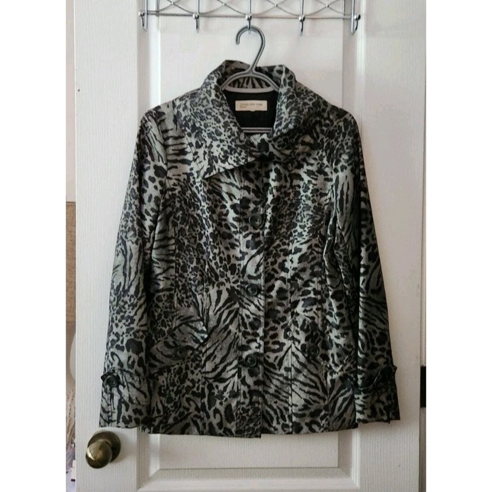 Jones New York Sport Leopard Trench Coat Lined Jacket Pockets Women's Size M